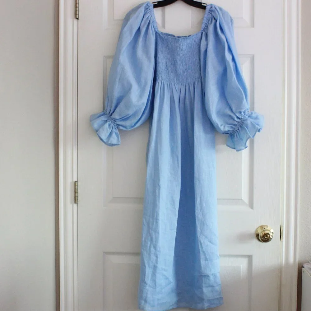 Sleeper Atlanta Midi Linen Dress in Light Blue Puff Sleeve Smocking - Picture 2 of 12